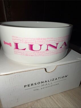 Personalized White Ceramic Pet Bowl - Pink "LUNA"